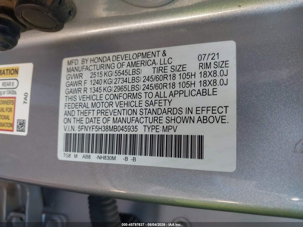 5FNYF5H38MB045935 2021 HONDA PILOT photo no. 9