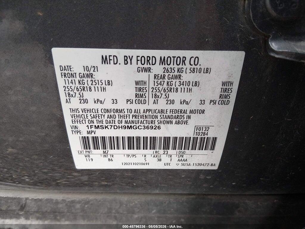 1FMSK7DH9MGC36926 2021 FORD EXPLORER photo no. 9