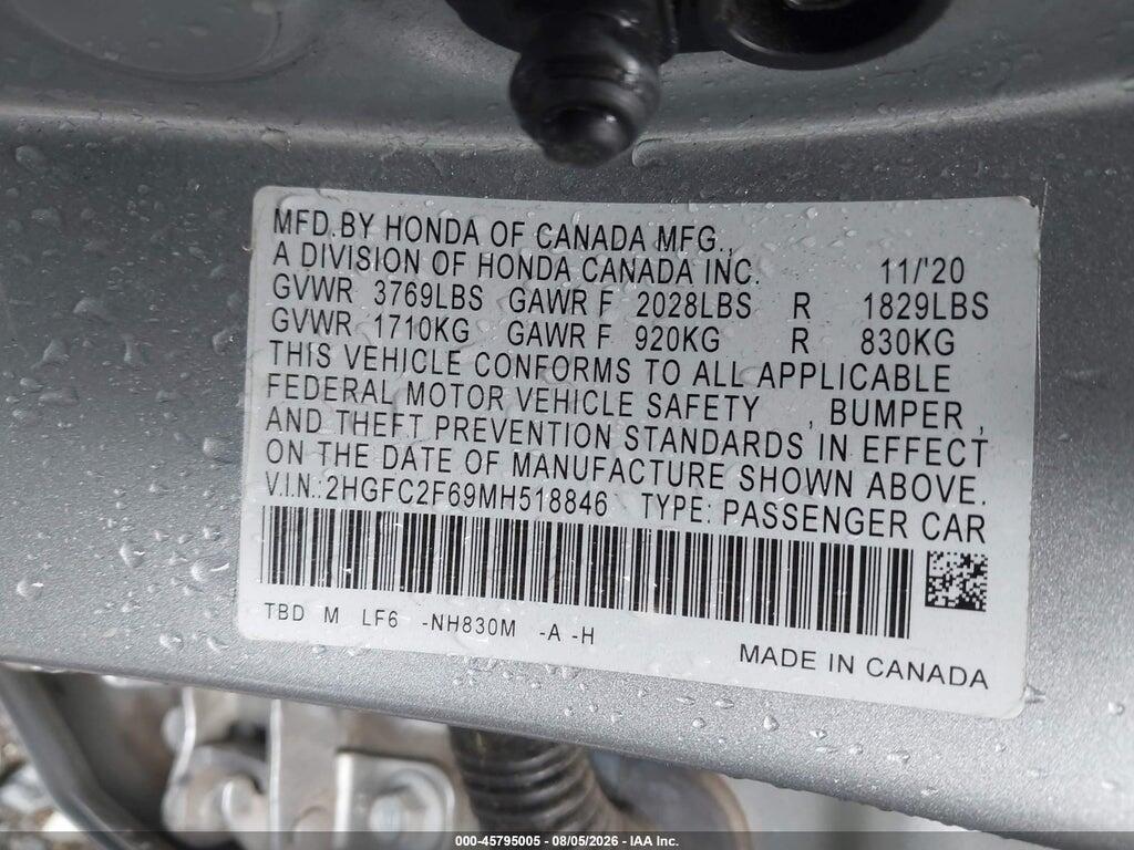 2HGFC2F69MH518846 2021 HONDA CIVIC photo no. 9