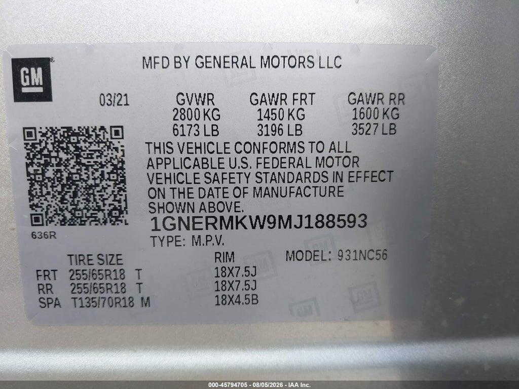 1GNERMKW9MJ188593 2021 CHEVROLET TRAVERSE photo no. 9