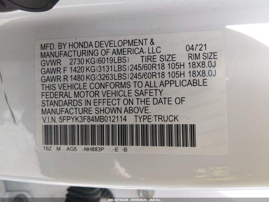 5FPYK3F84MB012114 2021 HONDA RIDGELINE photo no. 9