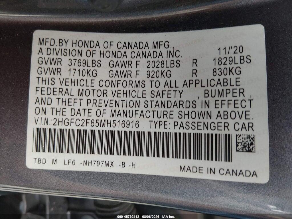 2HGFC2F65MH516916 2021 HONDA CIVIC photo no. 9