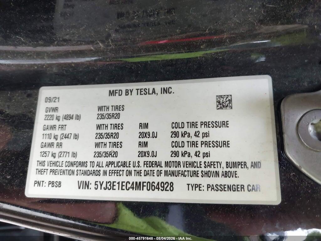 5YJ3E1EC4MF064928 2021 TESLA MODEL 3 photo no. 9