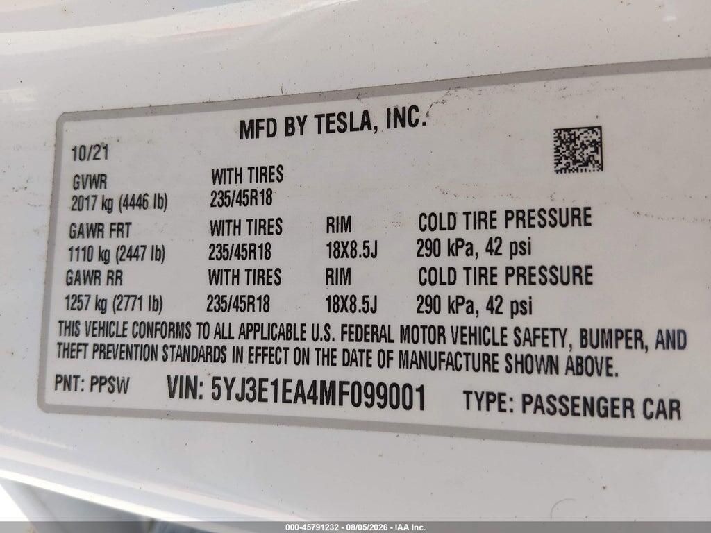 5YJ3E1EA4MF099001 2021 TESLA MODEL 3 photo no. 9
