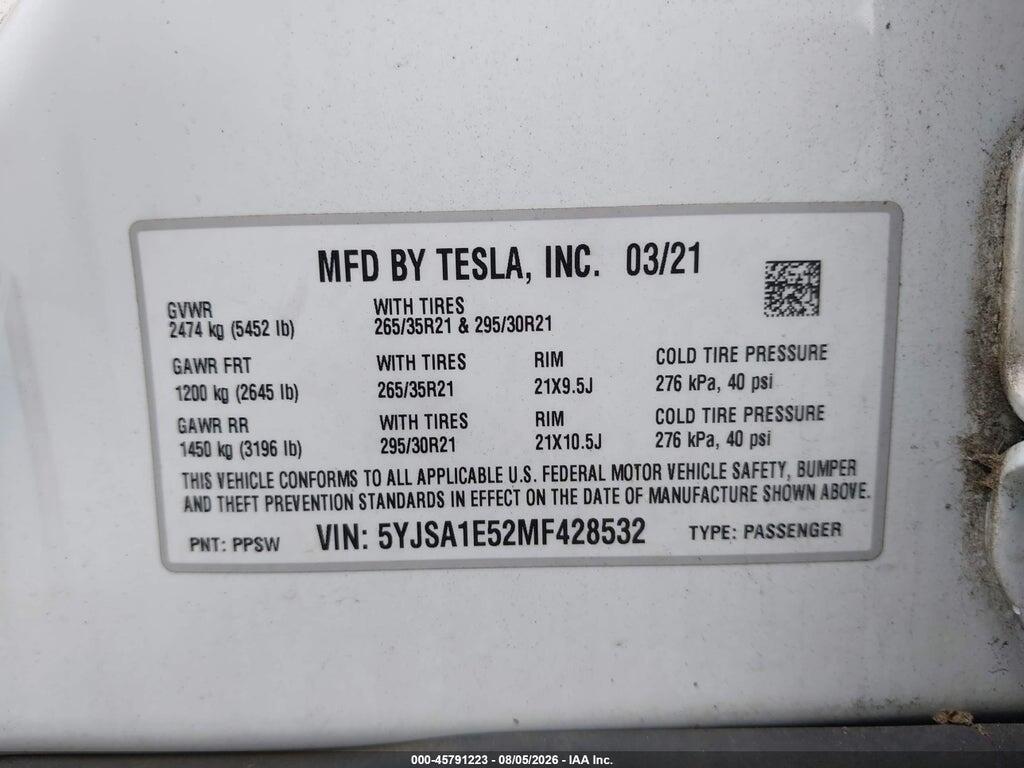 5YJSA1E52MF428532 2021 TESLA MODEL S photo no. 9