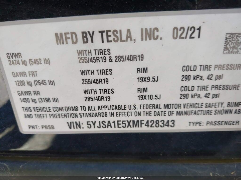 5YJSA1E5XMF428343 2021 TESLA MODEL S photo no. 9