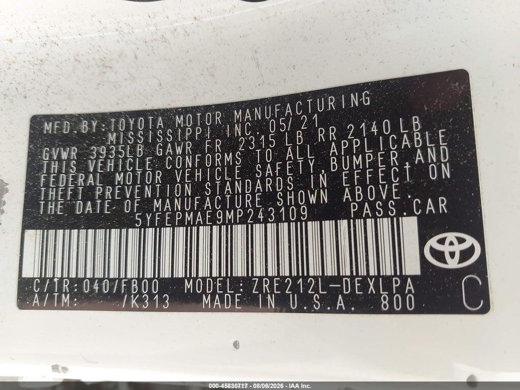 5YFEPMAE9MP243109 2021 TOYOTA COROLLA photo no. 9