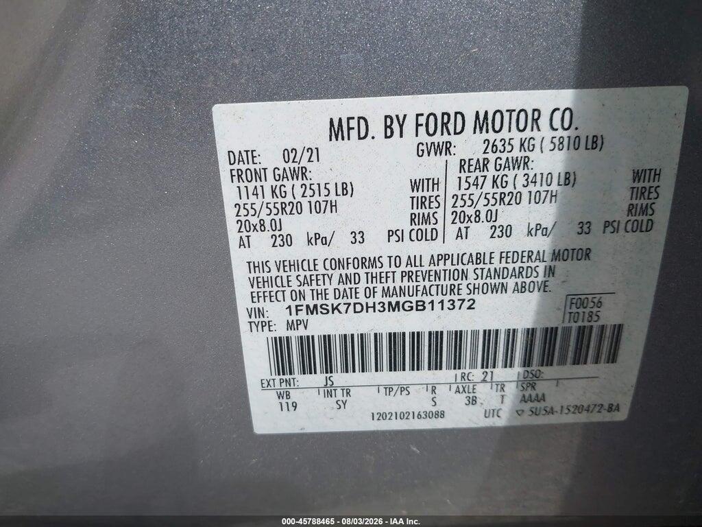 1FMSK7DH3MGB11372 2021 FORD EXPLORER photo no. 9