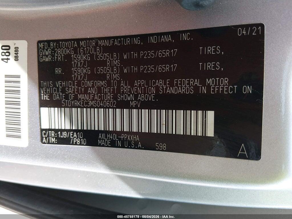 5TDYRKEC3MS040602 2021 TOYOTA SIENNA photo no. 9