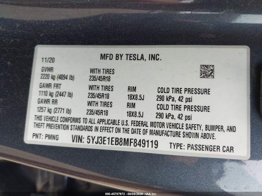 5YJ3E1EB8MF849119 2021 TESLA MODEL 3 photo no. 9