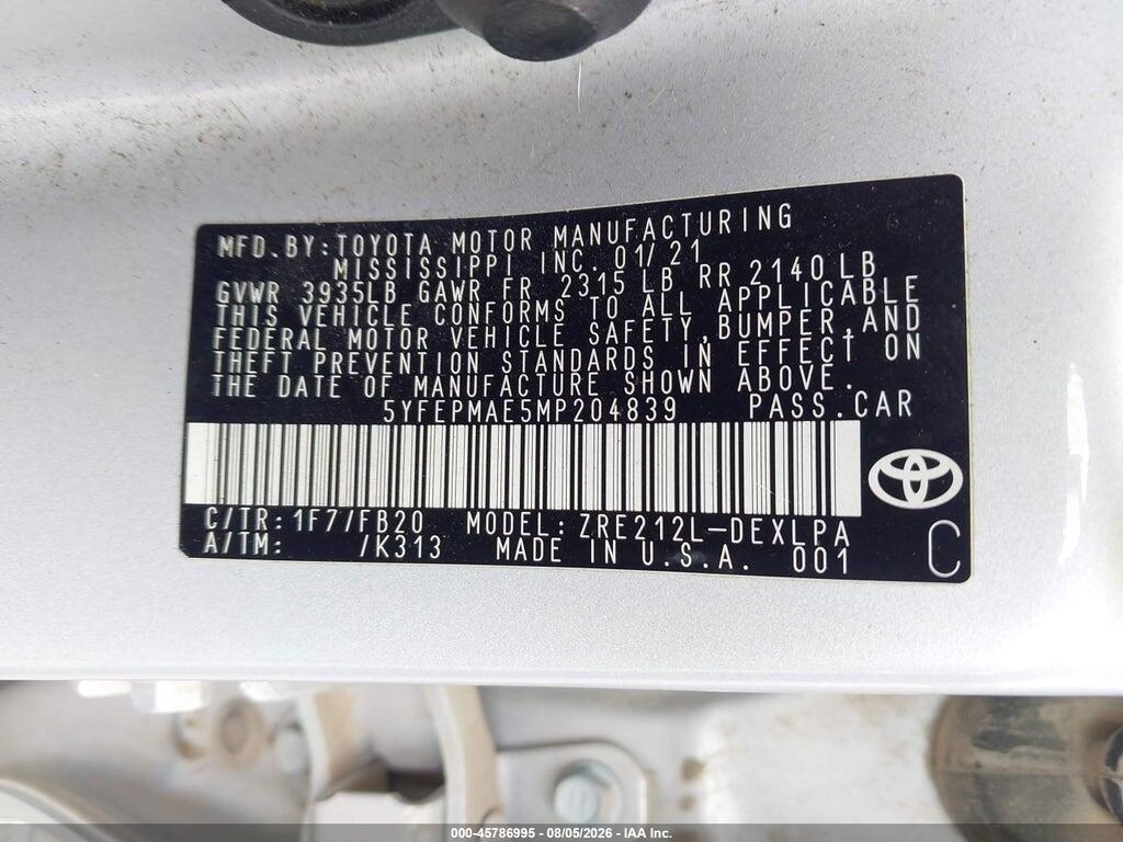 5YFEPMAE5MP204839 2021 TOYOTA COROLLA photo no. 9