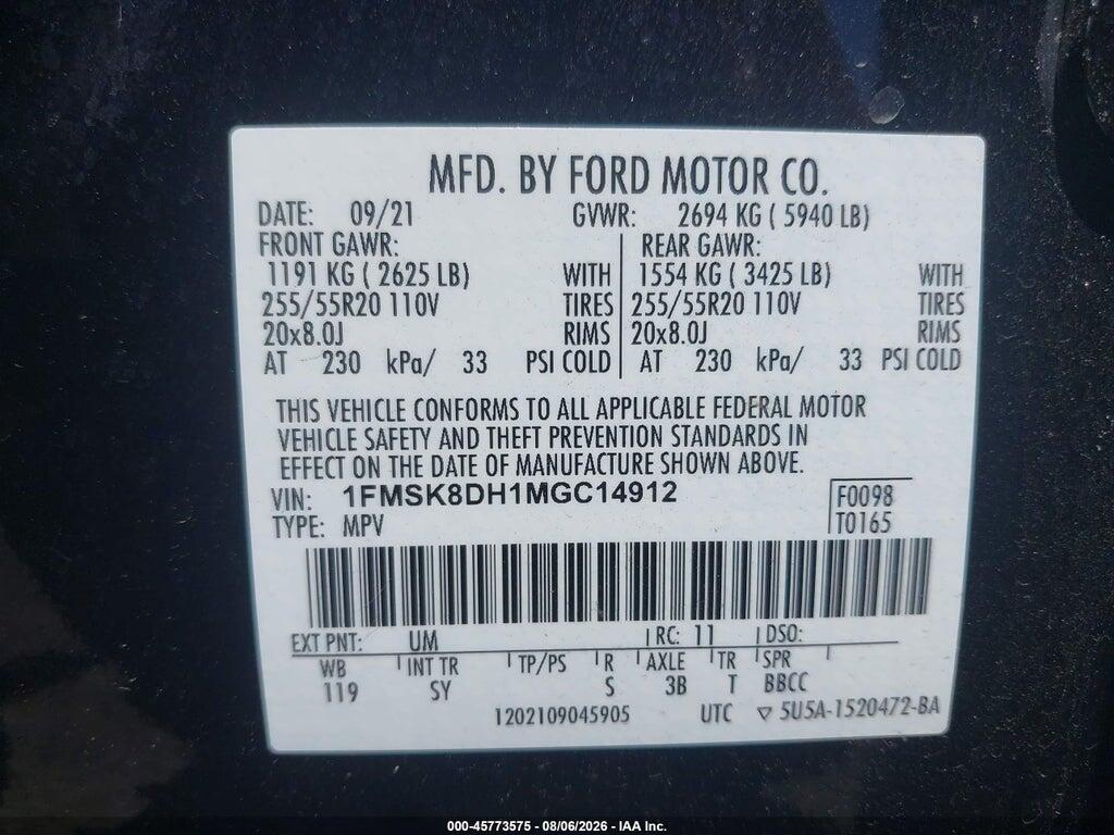 1FMSK8DH1MGC14912 2021 FORD EXPLORER photo no. 9