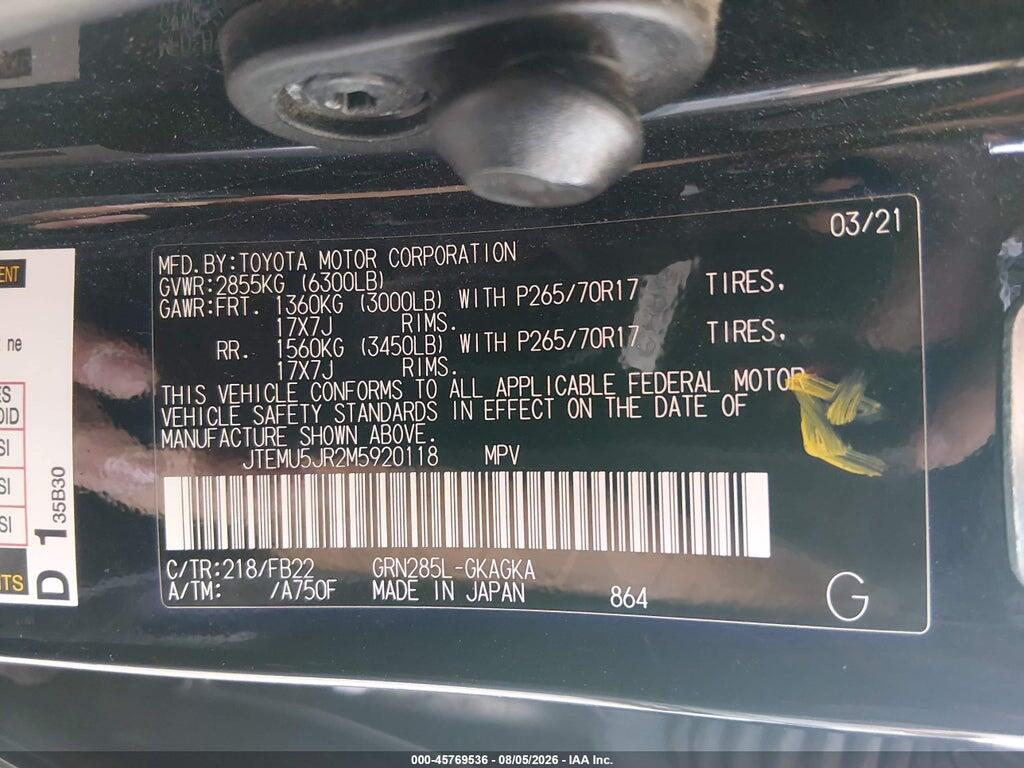 JTEMU5JR2M5920118 2021 TOYOTA 4RUNNER photo no. 9