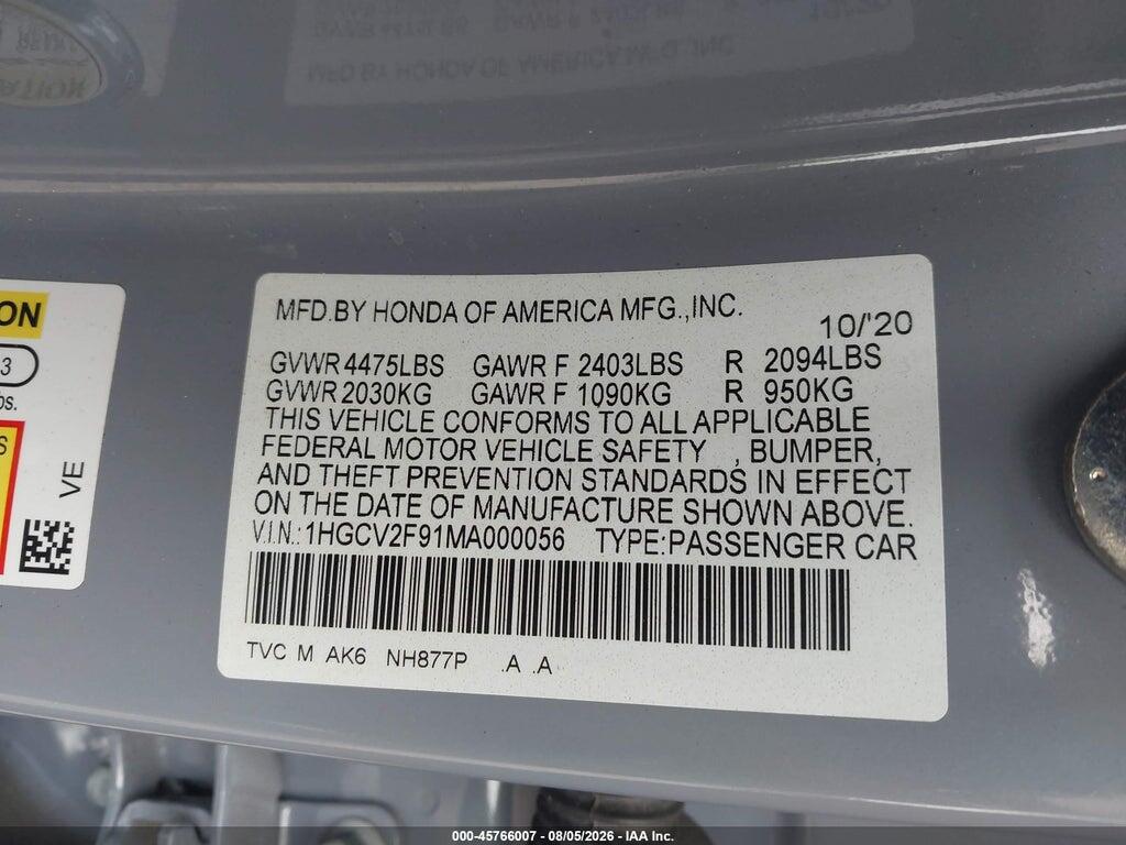 1HGCV2F91MA000056 2021 HONDA ACCORD photo no. 9