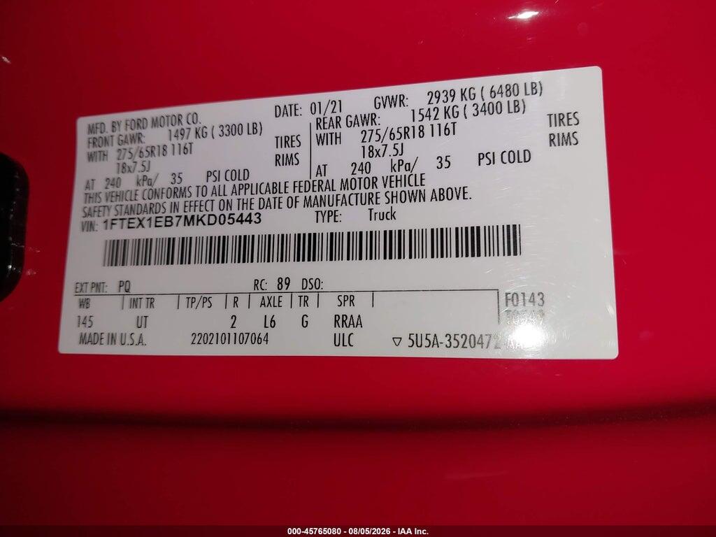 1FTEX1EB7MKD05443 2021 FORD F-150 photo no. 9