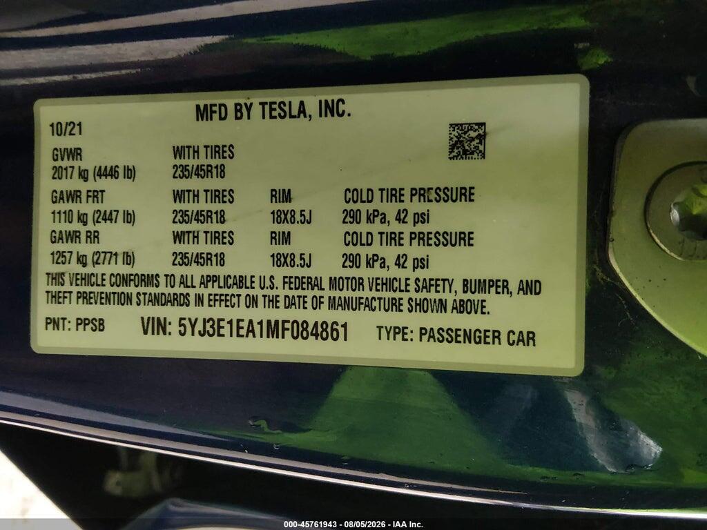 5YJ3E1EA1MF084861 2021 TESLA MODEL 3 photo no. 9