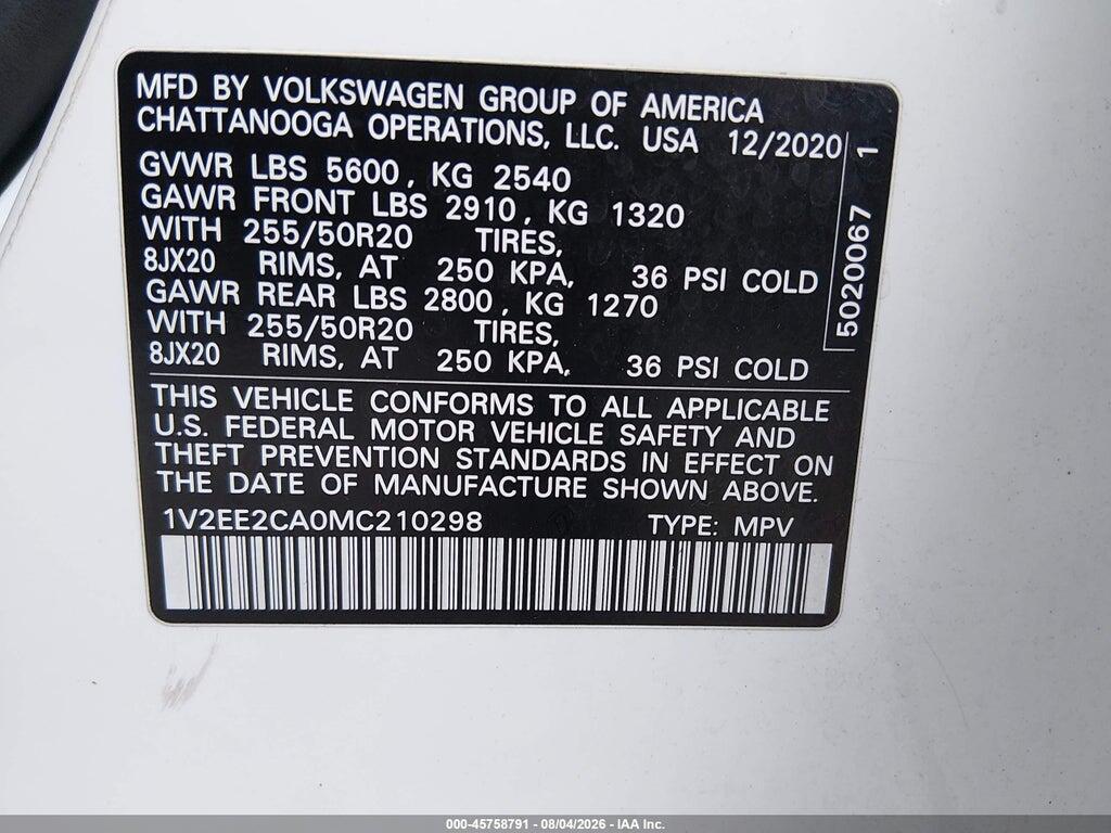 1V2EE2CA0MC210298 2021 VOLKSWAGEN ATLAS CROSS SPORT photo no. 9
