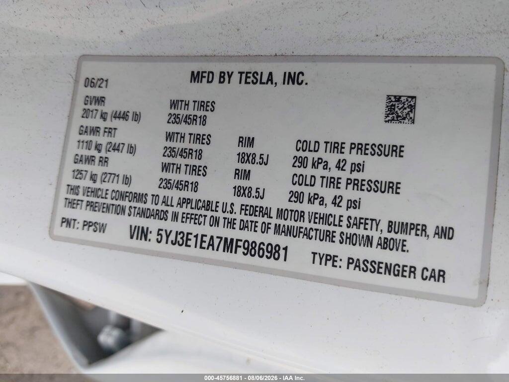 5YJ3E1EA7MF986981 2021 TESLA MODEL 3 photo no. 9