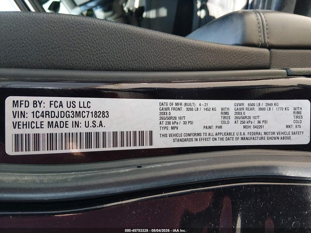 1C4RDJDG3MC718283 2021 DODGE DURANGO photo no. 9