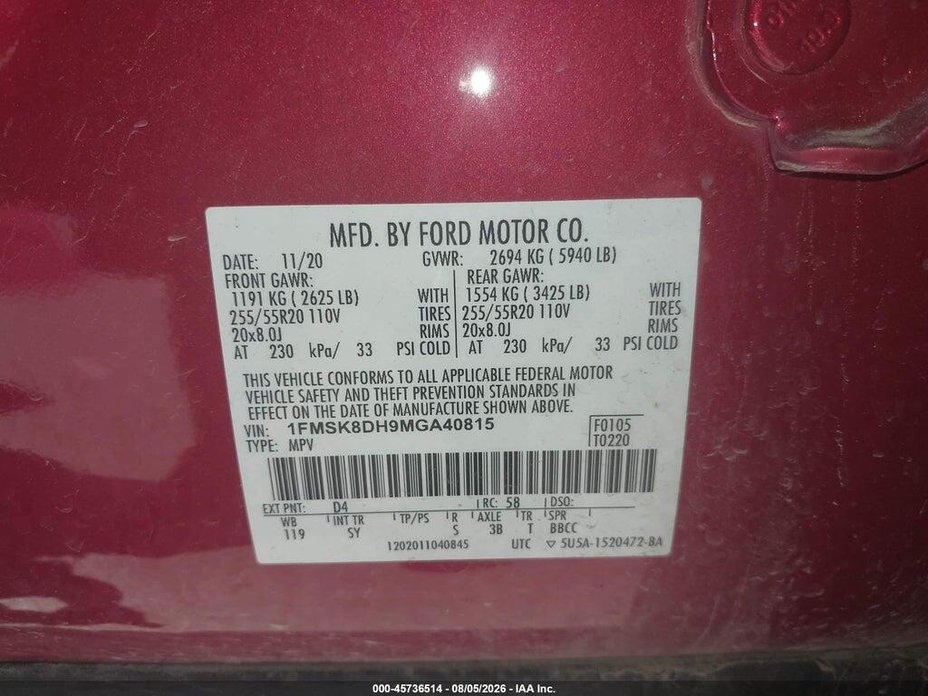 1FMSK8DH9MGA40815 2021 FORD EXPLORER photo no. 9