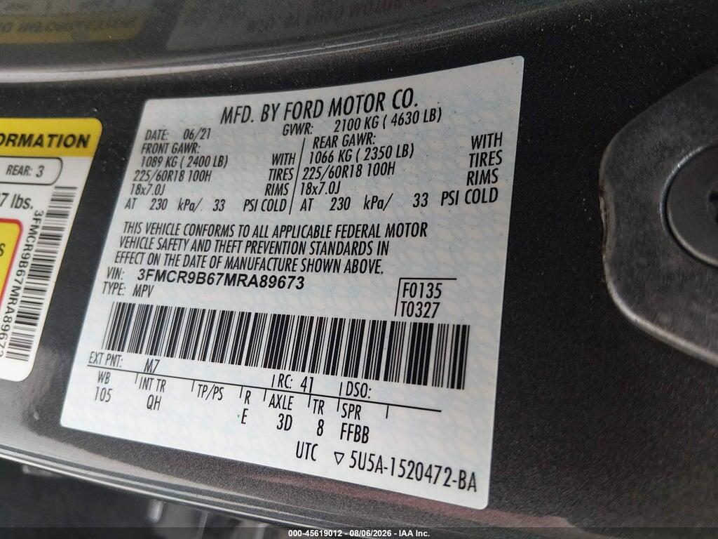 3FMCR9B67MRA89673 2021 FORD BRONCO SPORT photo no. 9