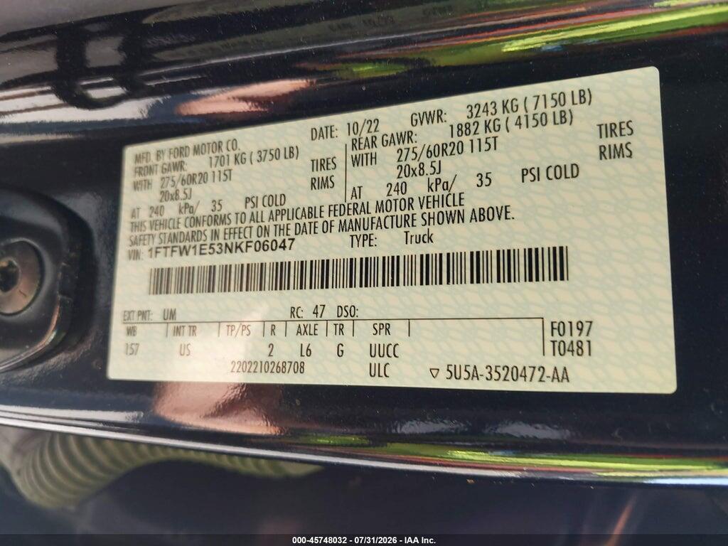 1FTFW1E53NKF06047 2022 FORD F-150 photo no. 9