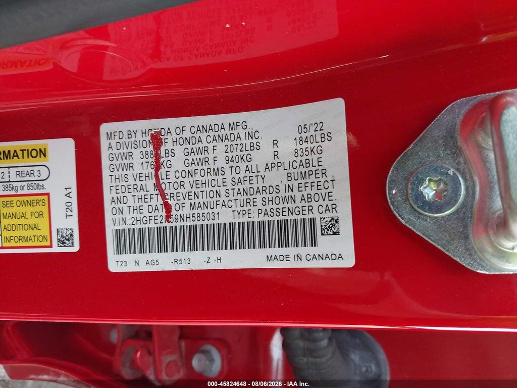 2HGFE2F59NH585031 2022 HONDA CIVIC photo no. 9