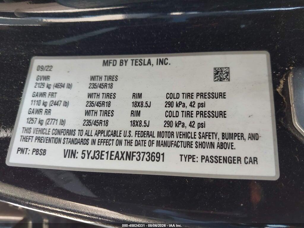 5YJ3E1EAXNF373691 2022 TESLA MODEL 3 photo no. 9