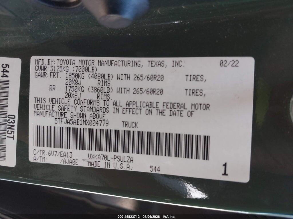 5TFJA5AB1NX004779 2022 TOYOTA TUNDRA photo no. 9