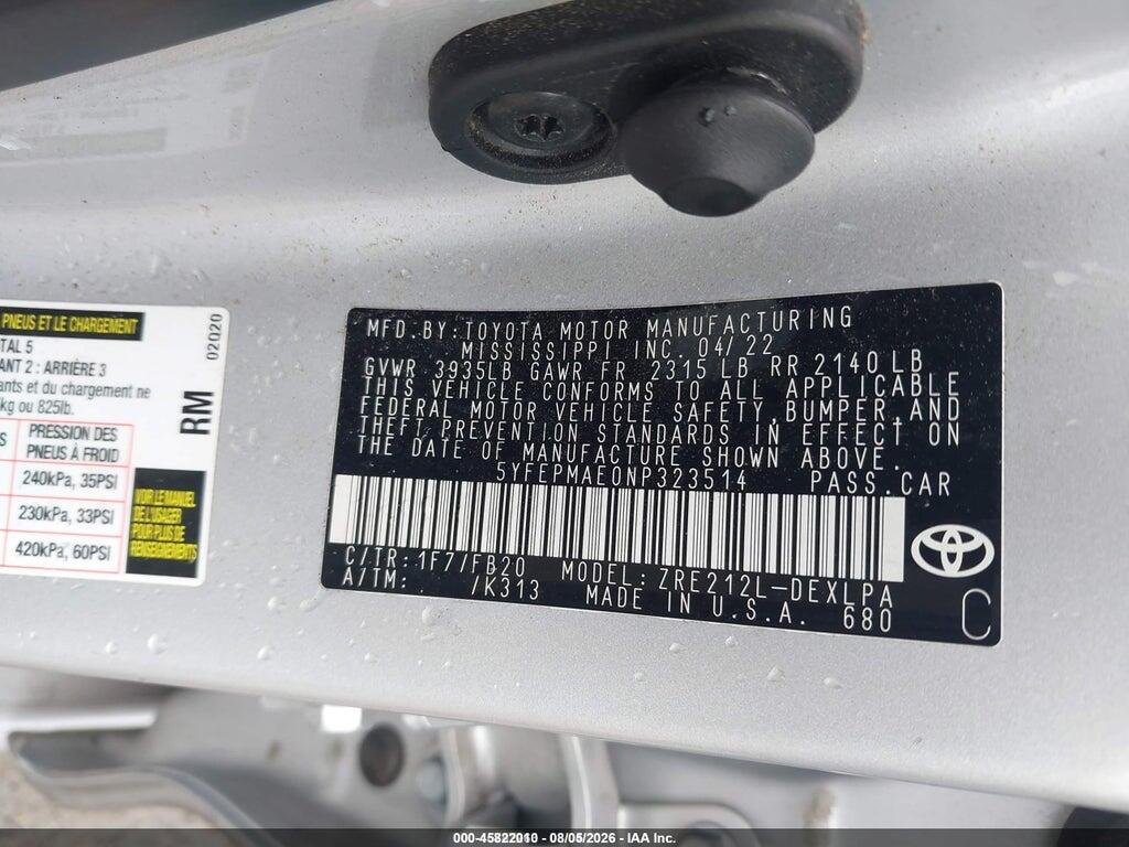 5YFEPMAE0NP323514 2022 TOYOTA COROLLA photo no. 9