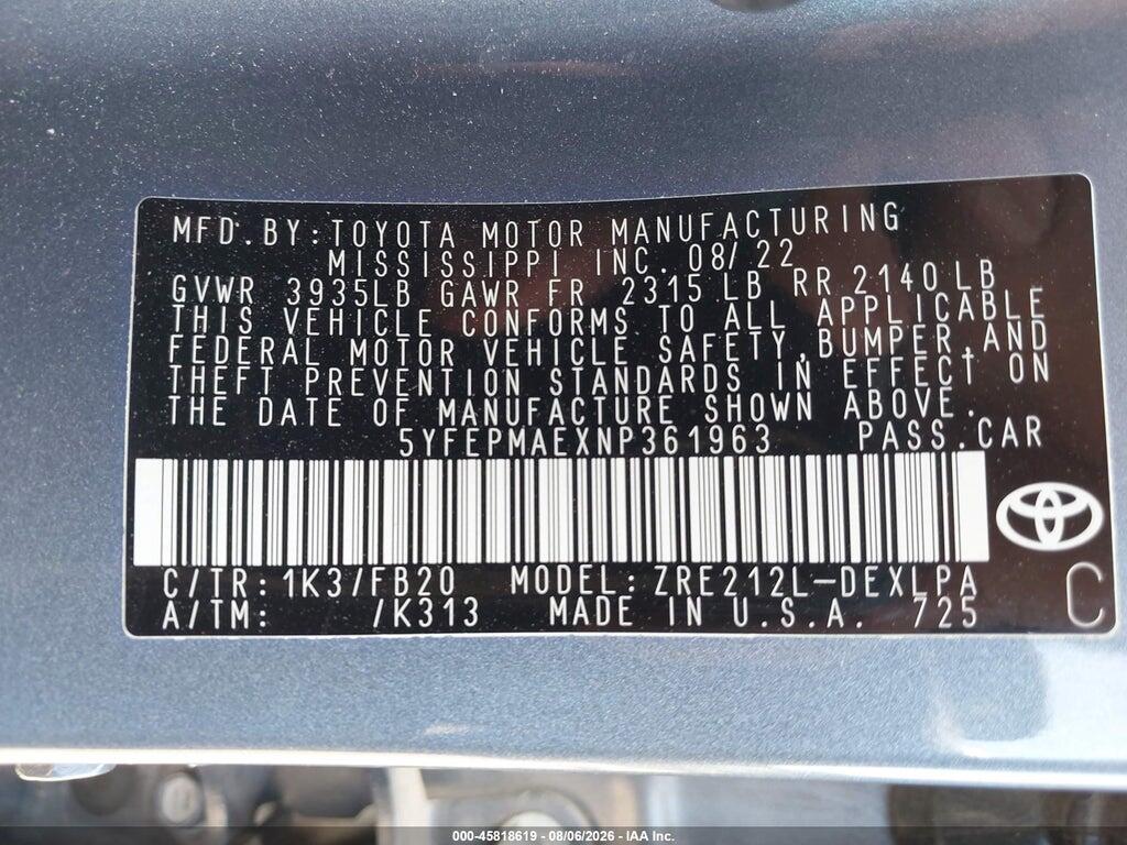 5YFEPMAEXNP361963 2022 TOYOTA COROLLA photo no. 9