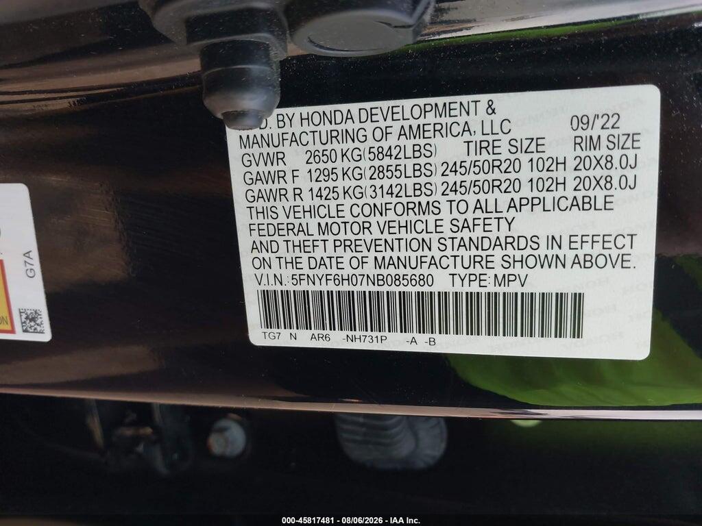 5FNYF6H07NB085680 2022 HONDA PILOT photo no. 9