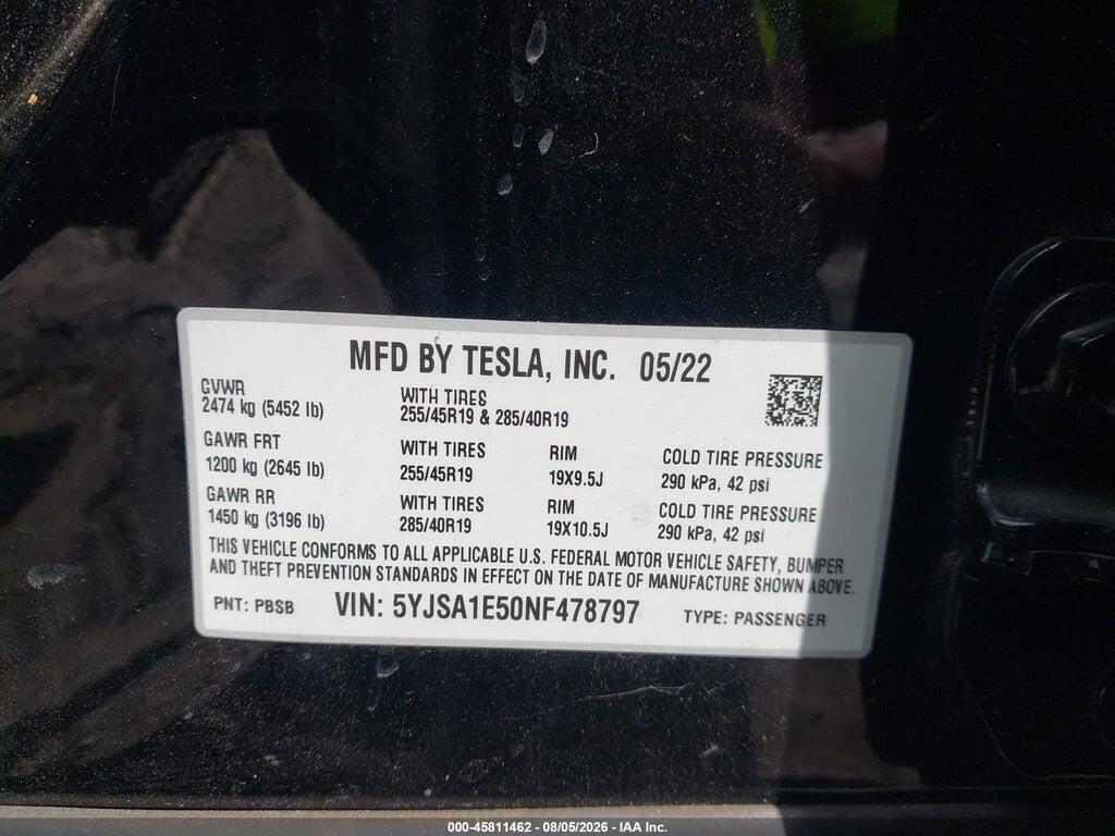 5YJSA1E50NF478797 2022 TESLA MODEL S photo no. 9