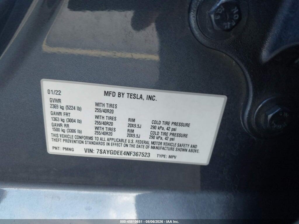 7SAYGDEE4NF367523 2022 TESLA MODEL Y photo no. 9