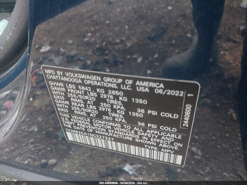 1V2KE2CA1NC227227 2022 VOLKSWAGEN ATLAS CROSS SPORT photo no. 9