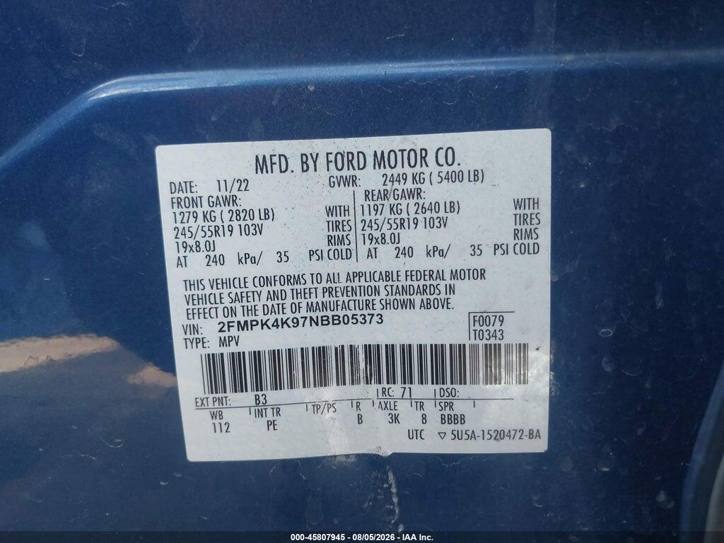 2FMPK4K97NBB05373 2022 FORD EDGE photo no. 9