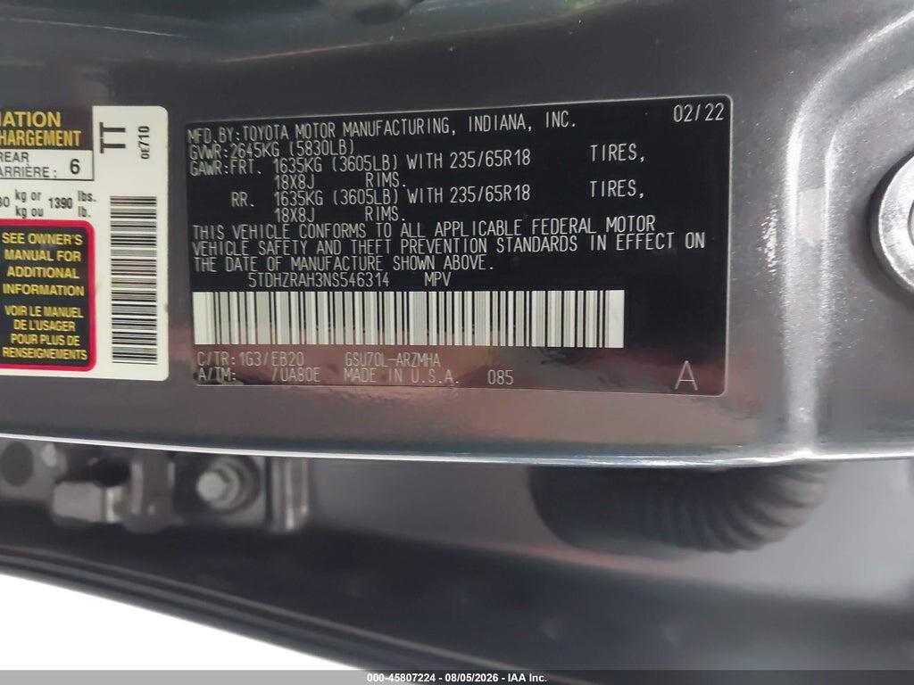 5TDHZRAH3NS546314 2022 TOYOTA HIGHLANDER photo no. 9