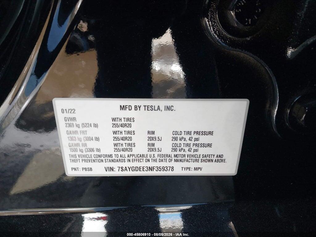 7SAYGDEE3NF359378 2022 TESLA MODEL Y photo no. 9