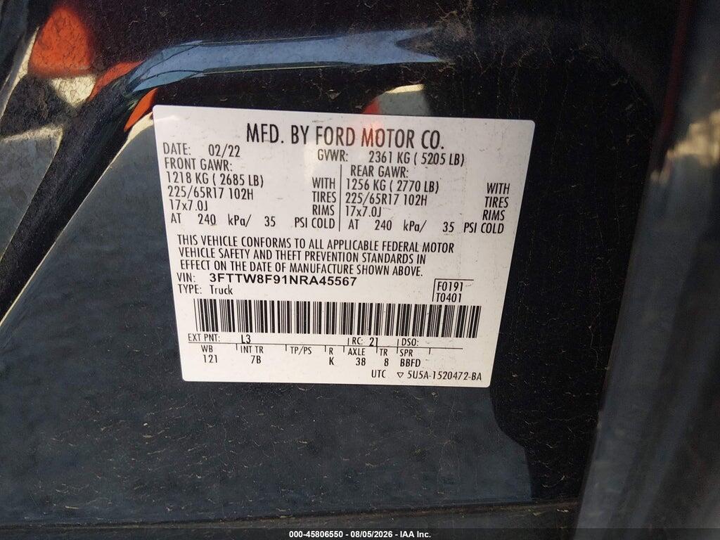 3FTTW8F91NRA45567 2022 FORD MAVERICK photo no. 9