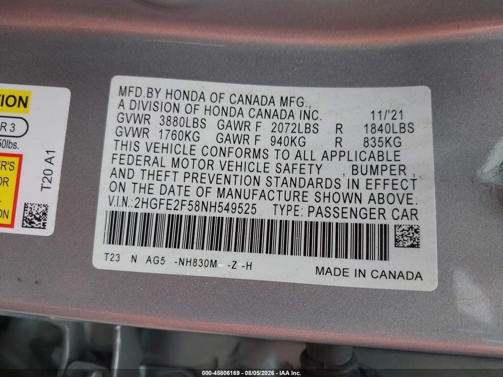 2HGFE2F58NH549525 2022 HONDA CIVIC photo no. 9