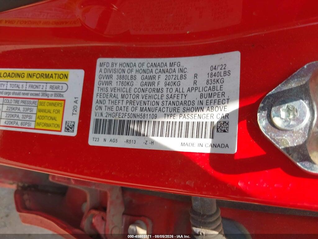 2HGFE2F50NH581109 2022 HONDA CIVIC photo no. 9