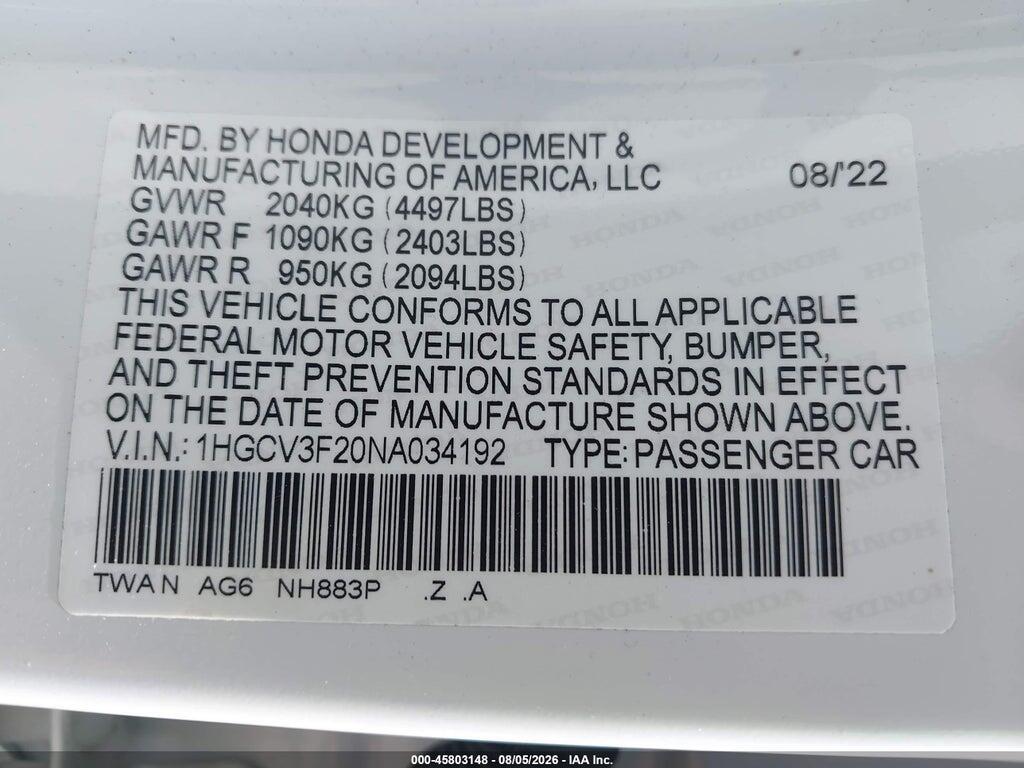 1HGCV3F20NA034192 2022 HONDA ACCORD HYBRID photo no. 9