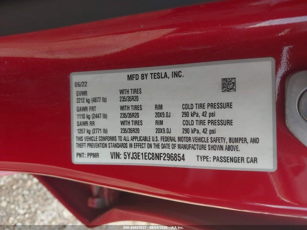 5YJ3E1EC8NF296854 2022 TESLA MODEL 3 photo no. 9