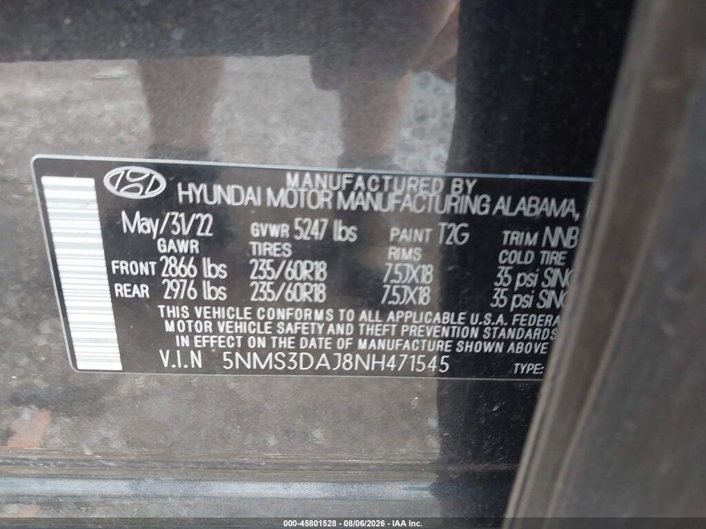 5NMS3DAJ8NH471545 2022 HYUNDAI SANTA FE photo no. 9