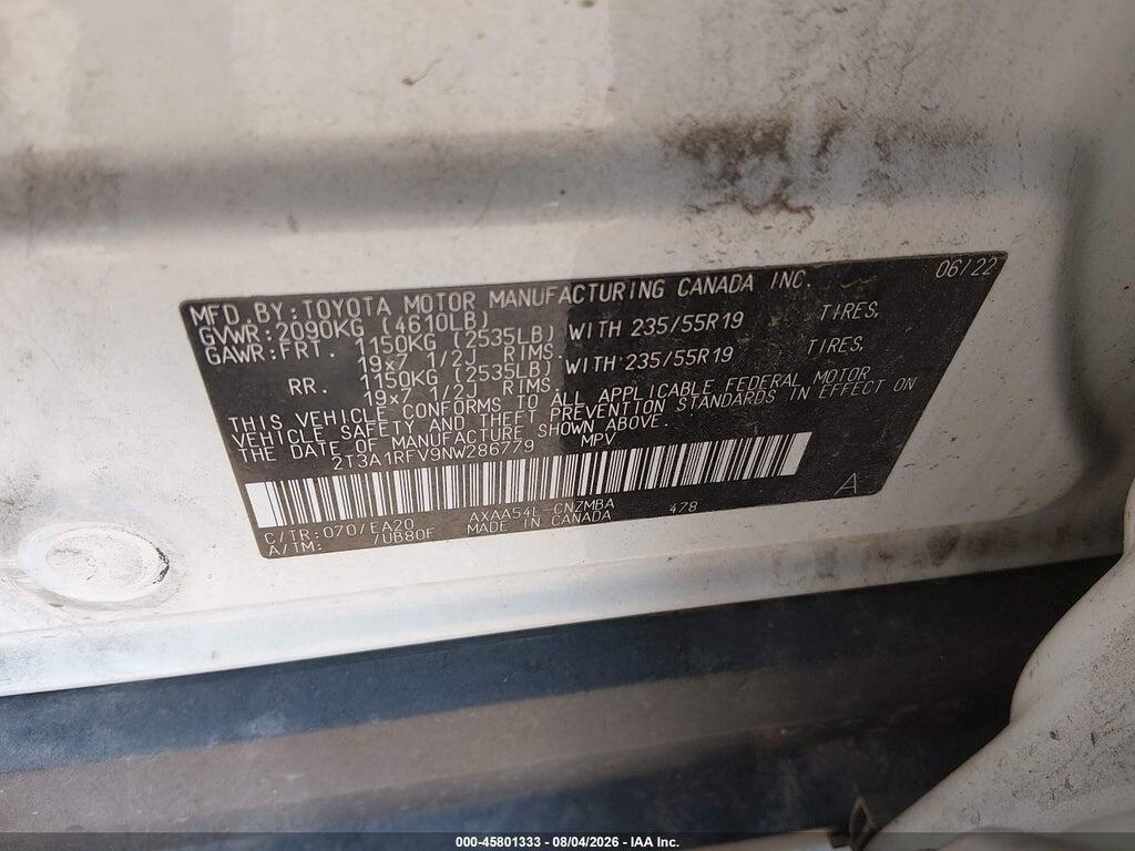 2T3A1RFV9NW286779 2022 TOYOTA RAV4 photo no. 9