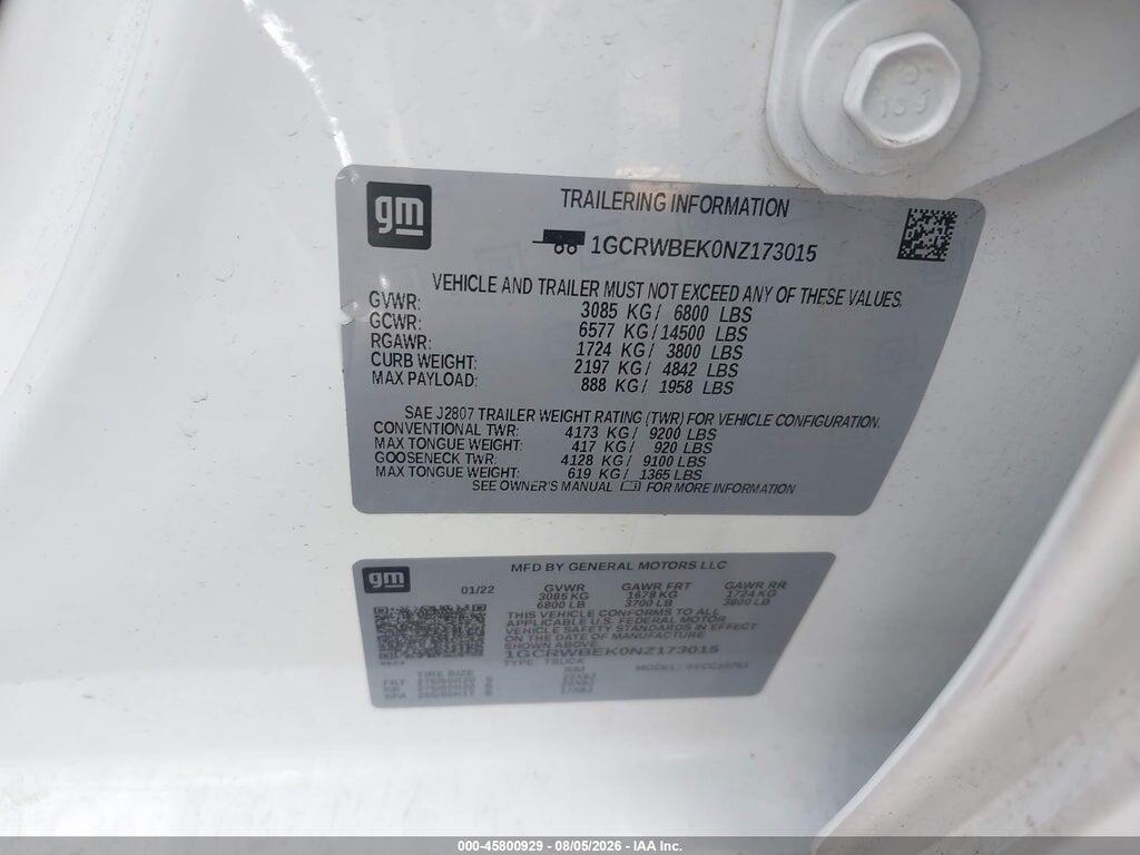 1GCRWBEK0NZ173015 2022 CHEVROLET SILVERADO 1500 LTD photo no. 9