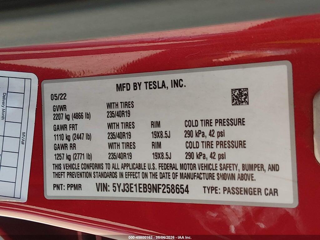 5YJ3E1EB9NF258654 2022 TESLA MODEL 3 photo no. 9