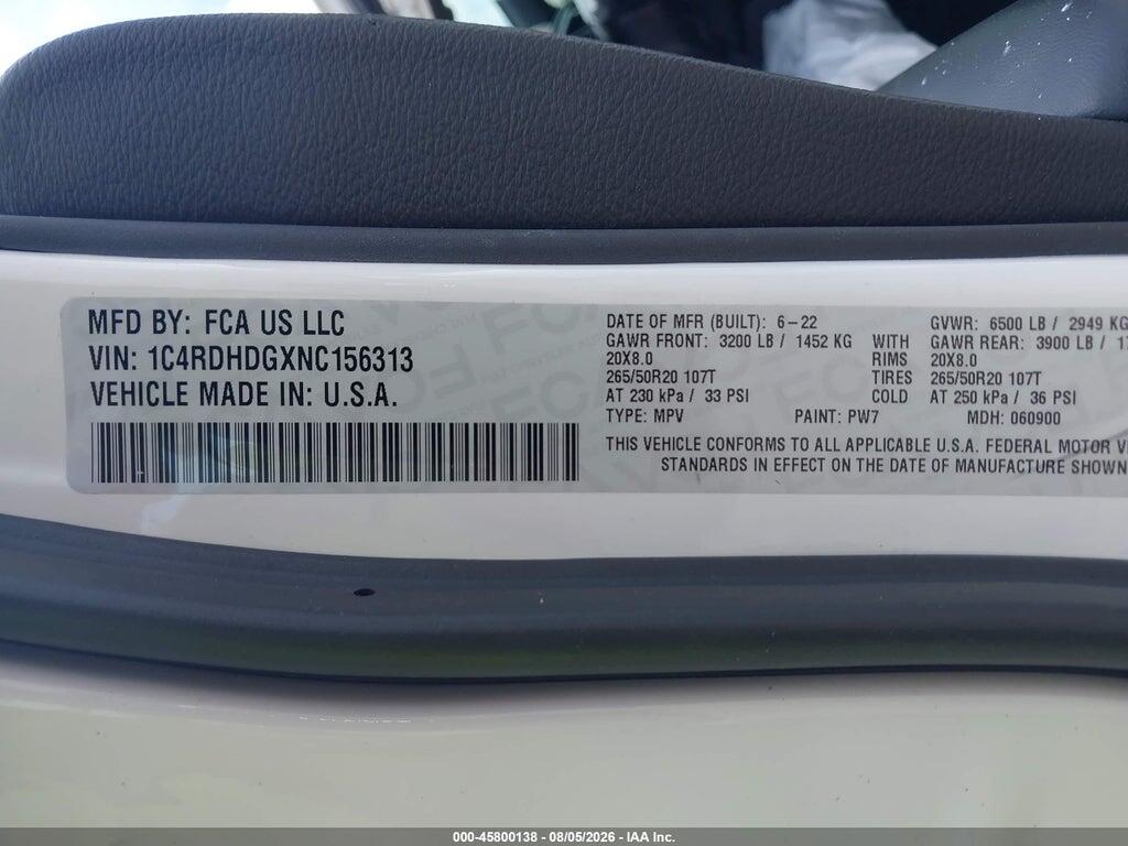 1C4RDHDGXNC156313 2022 DODGE DURANGO photo no. 9