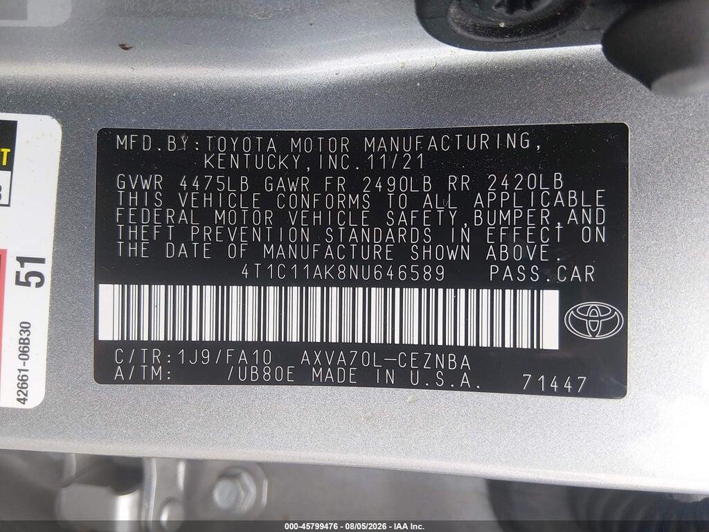4T1C11AK8NU646589 2022 TOYOTA CAMRY photo no. 9