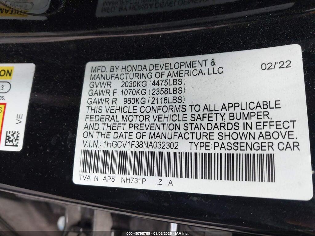 1HGCV1F38NA032302 2022 HONDA ACCORD photo no. 9